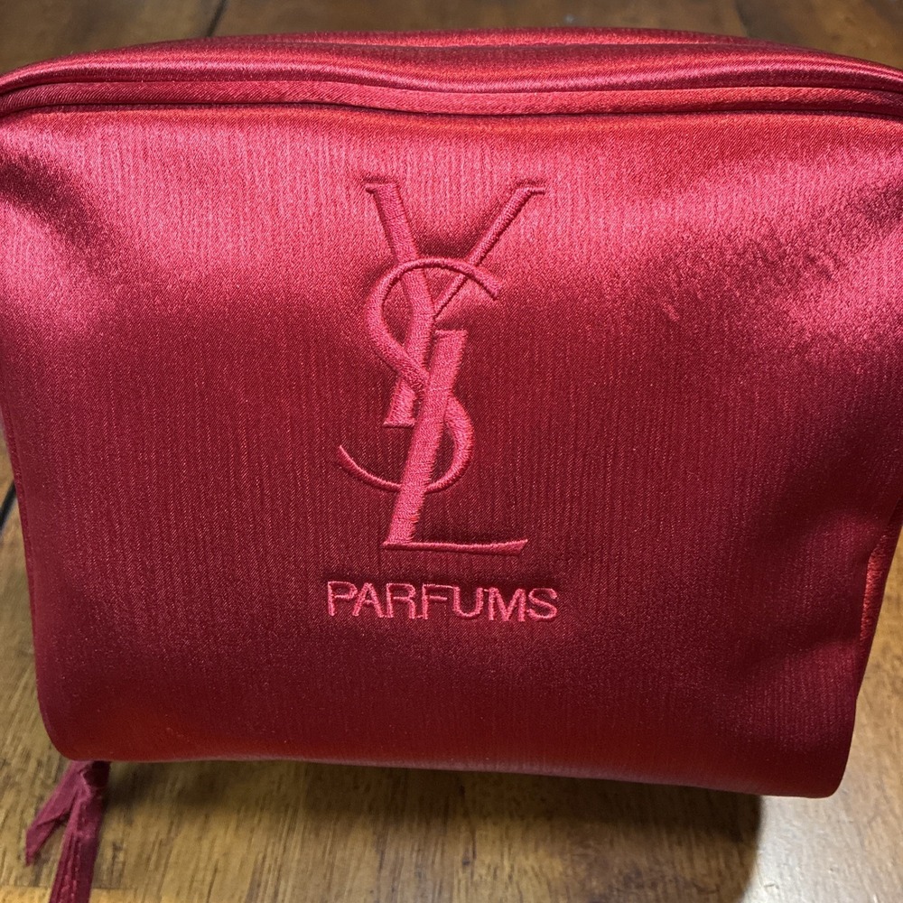 YSL PARFUMS Red Satin Zip Around Large Cosmetic Make Up Bag